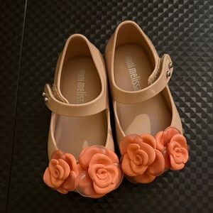 Mini Melissa Tan Dress Shoes with Pink Floral Accents